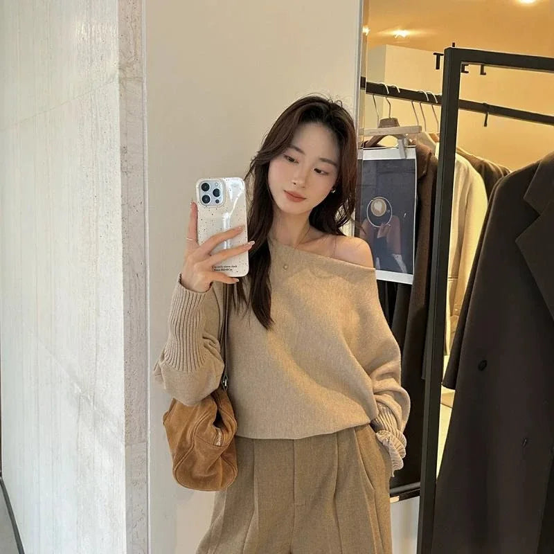 Knitted Sweater Women Pullovers New Long Sleeve Slash Neck Black Knit Sweater Pullover Women Tops Sweaters Women Clothing Q1476 - Matrix-studios.com