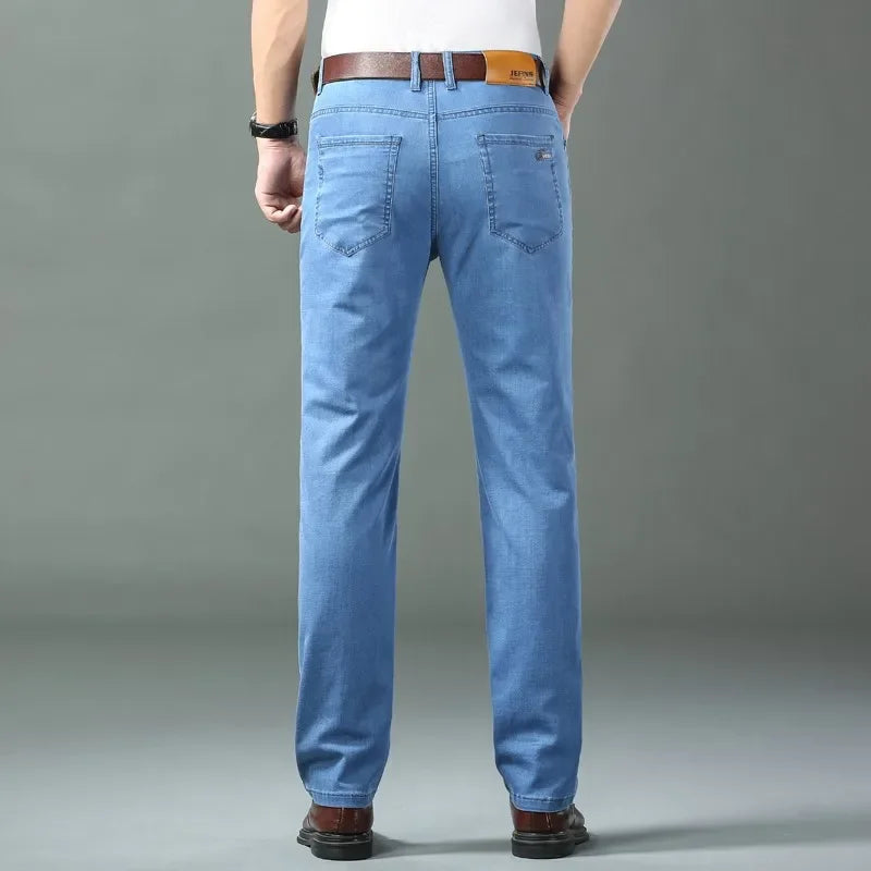New Ice Silk Thin Denim Jeans For Men Blue Straight Stretch Cotton Pants Business Casual Lightweight Trousers Spring Summer - Matrix Studios