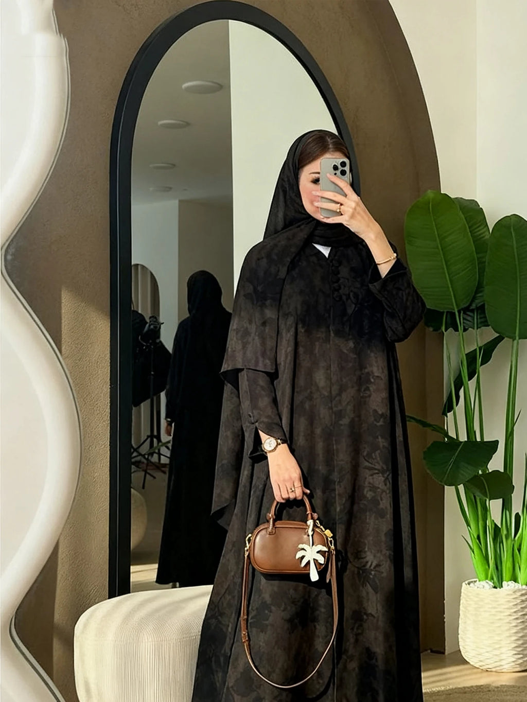Fashionable Arabic Women's Long-Sleeved Loose-Fitting Printed Elegant Abaya with a Headscarf Included - Matrix-studios.com