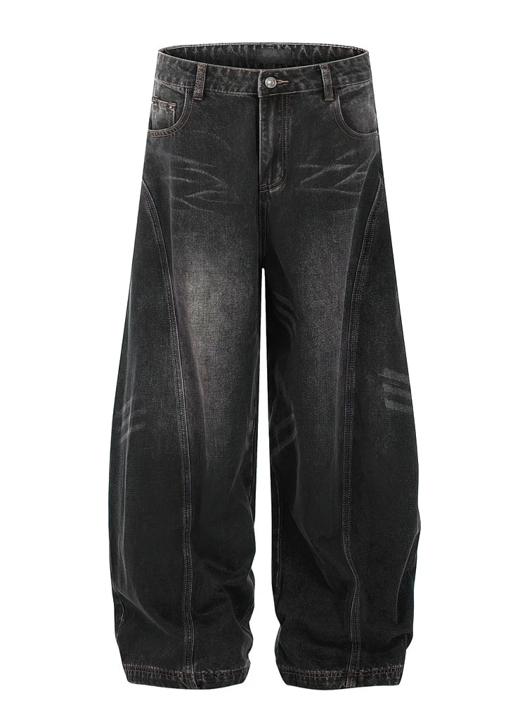 Vintage Black Washed Baggy Jeans Pants Men Wide Leg Curved Blade Pants Streetwear Cowboy Casual Denim Straight Trousers - Matrix Studios