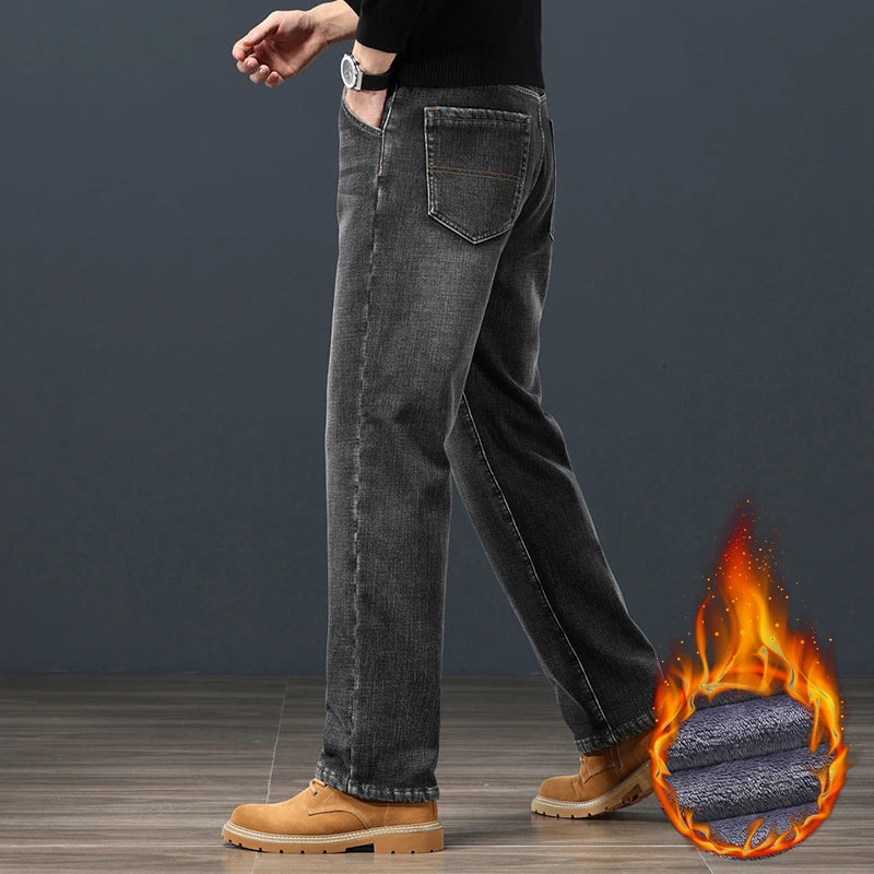 Winter Fleece Men Jeans Classic Loose Straight Warm Thicken Trousers Business Casual Velvet Elastic Denim Pants Plus Size 42 44 - Matrix Studios
