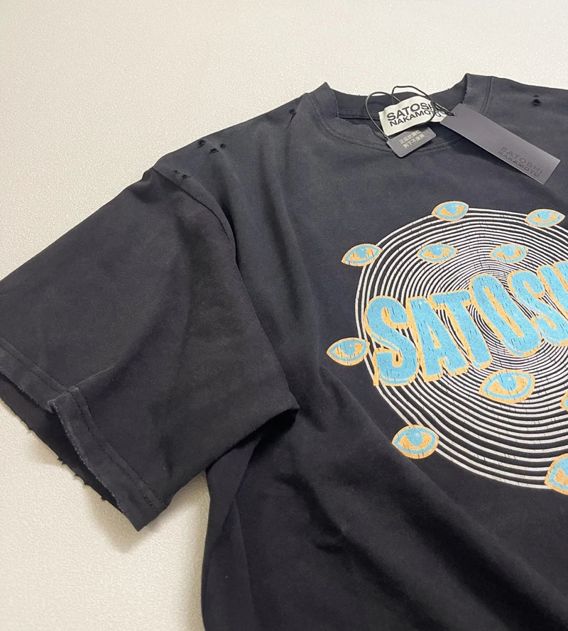 Classic Letter Print Summer Basics Tees Cotton SATOSHI Tshirt Hiphop Street Washed Black Holes Round Neck Short Sleeve Men Women - Matrix-studios.com