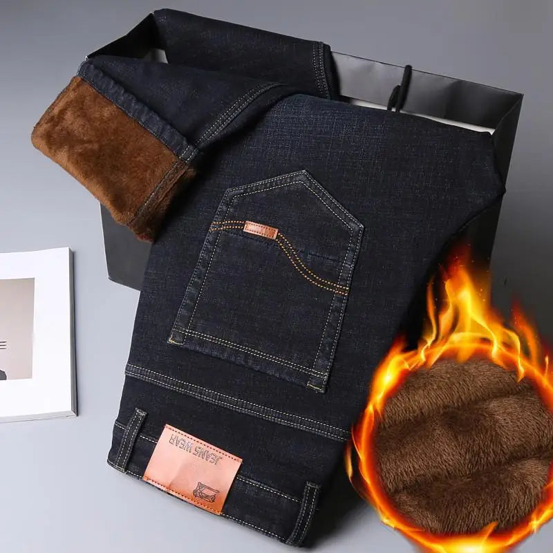 2025 New business casual Trousers Grey Fleece Men Clothes Black Elasticity Warm Winter Jeans Velvet Jeans - Matrix Studios