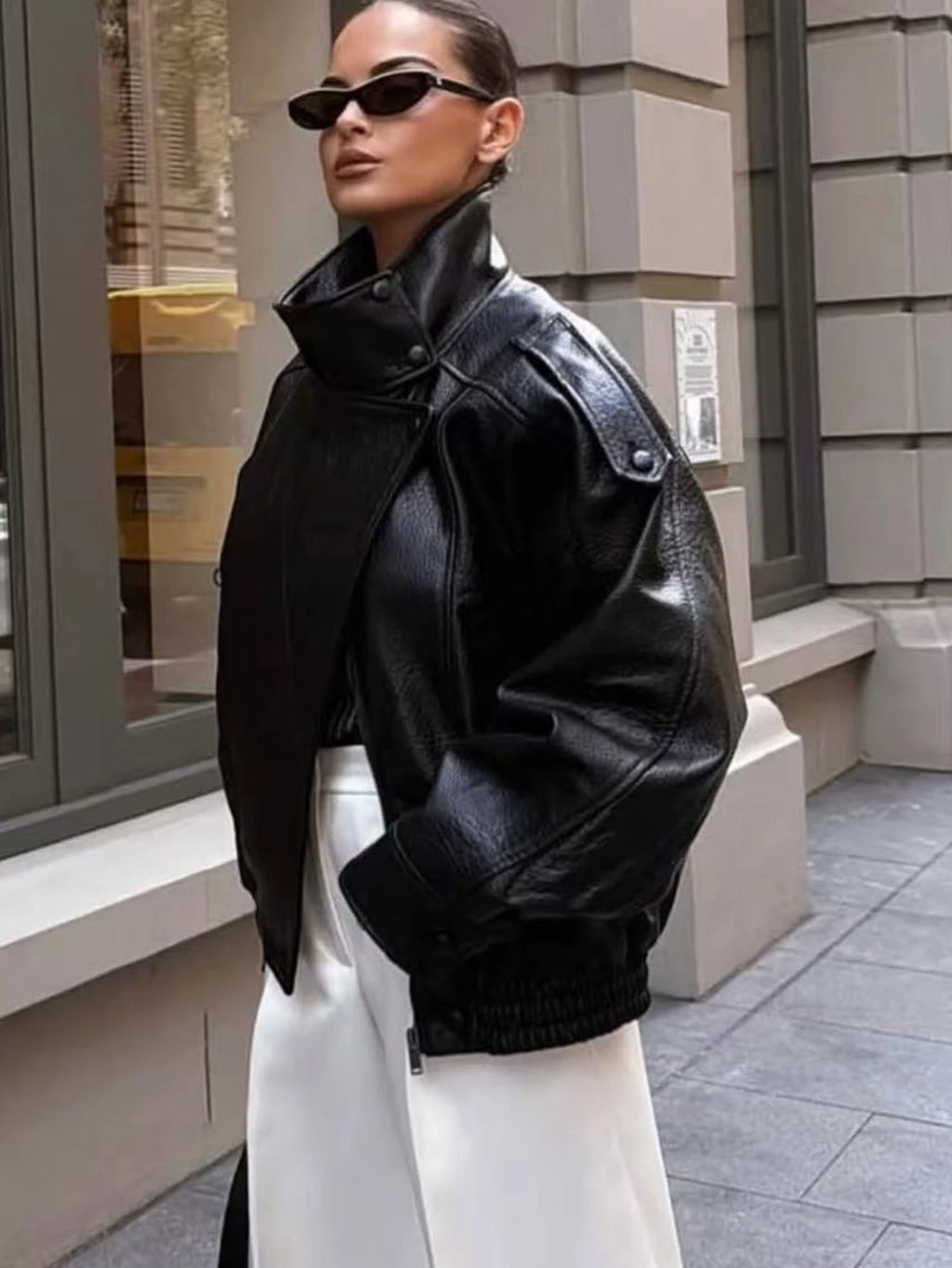 TFMLN 2025 Women Faux Leather Loose Jacket High Street Stand Collar Long Sleeve Coat Fashion Causal Zipper Outwear Autumn Winter - Matrix Studios