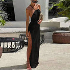 Women Cover Ups Sexy Hollow Out Dresses Spliced Sleeveless Split Long Dress Swimwears Sling Backless Knit Y2k Summer Beach - Matrix Studios
