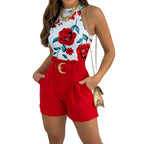 Women's Casual Tops Pants Suit, Sleeveless Round Neck Floral Print Vest + High Waist Trousers with Waist Belt - Matrix-studios.com