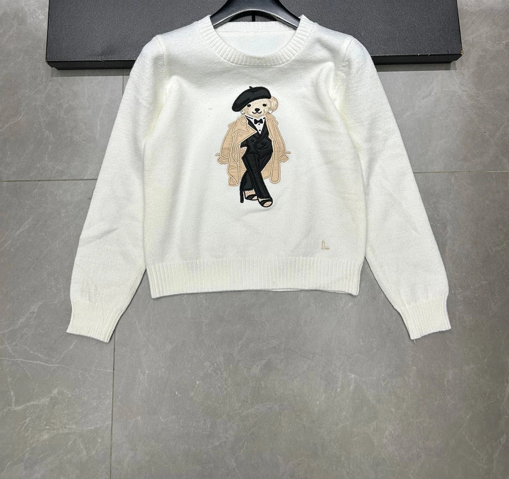 New Autumn Preppy Student Cashmere Sweater Women Cartoon Bear Embroidered O-neck Long Sleeve Pullover Top Casual Knitwear - Matrix Studios