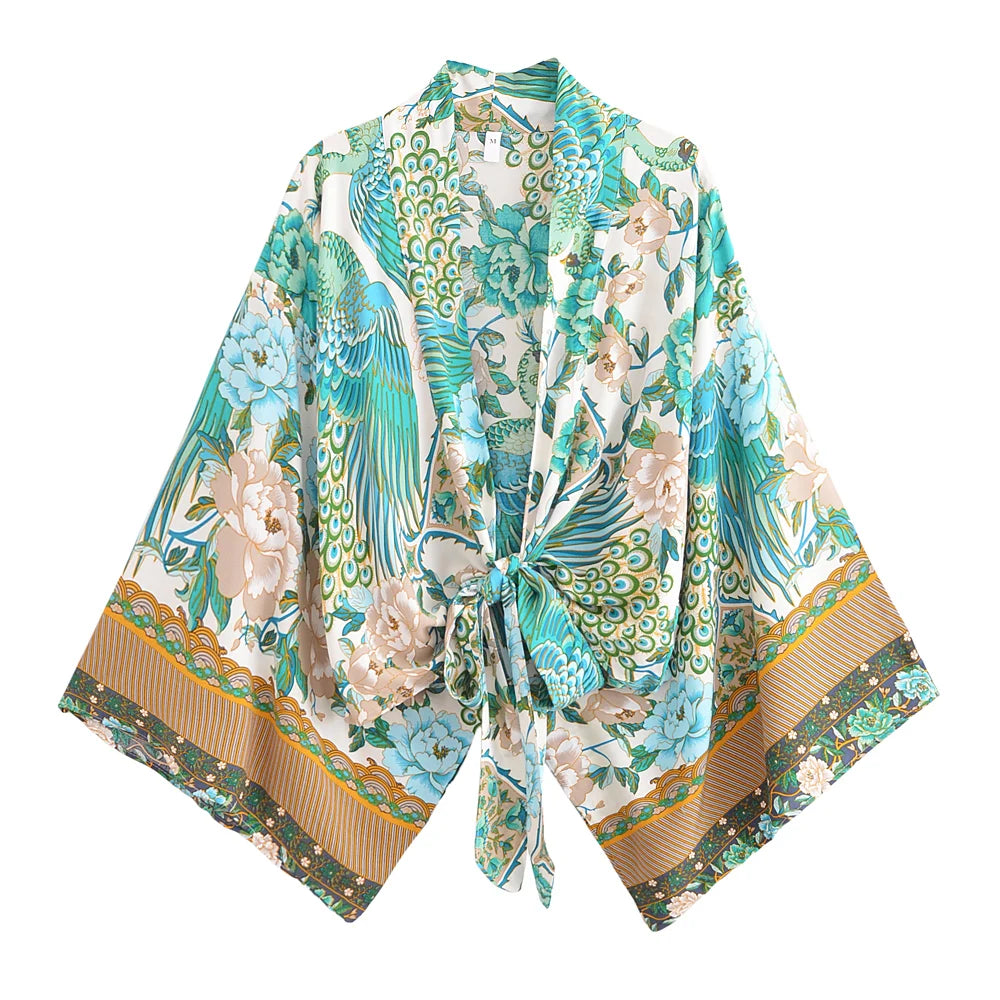 Boho Queens Peacock Short Robe Kimono Swimsuits Women Fashion Floral Batwing Sleeves Rayon Bohemian Bikini Cover Ups Beachwear - Matrix Studios