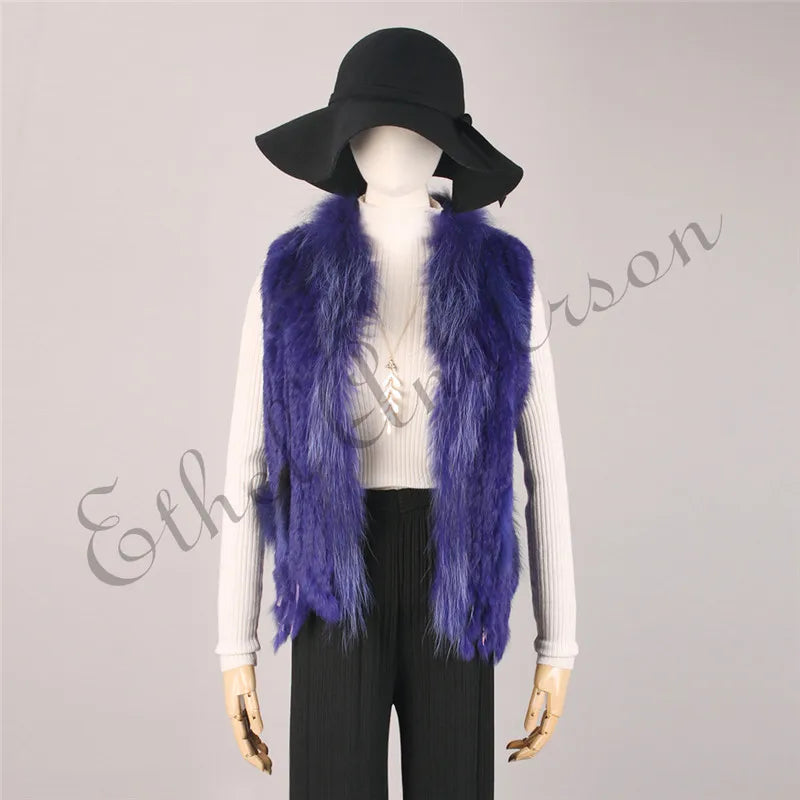 Women's Real Rabbit Fur Vest Knit Natural Leather Tassel Waistcoat Raccoon Fur Collar Winter Knitted Jacket Coat Wholesale - Matrix Studios