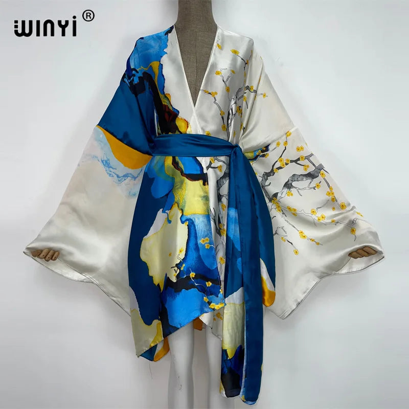 2022 WINYI Summer Beach Wear Swim Suit Cover Kaftan Sweet Lady Boho Cardigan Stitch Self Belted Sexy Holiday Long Sleeve Kimono - Matrix Studios