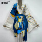 2022 WINYI Summer Beach Wear Swim Suit Cover Kaftan Sweet Lady Boho Cardigan Stitch Self Belted Sexy Holiday Long Sleeve Kimono - Matrix Studios