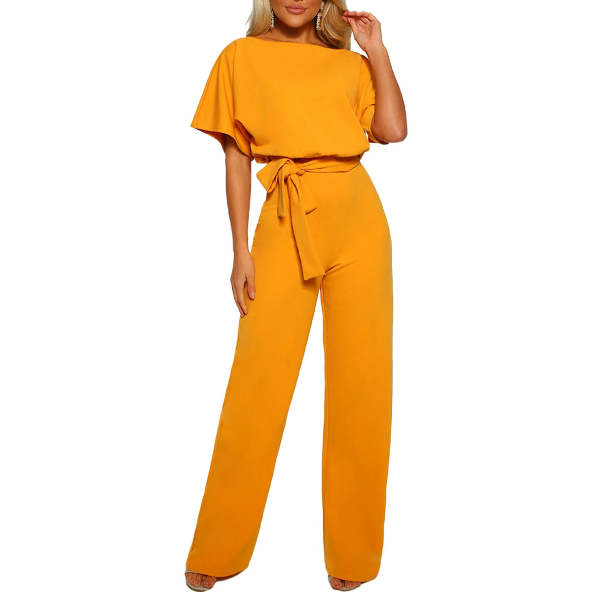 Women Jumpsuits Elegant Solid Color Flare Short Sleeve Waist Tie Wide Leg Pants Romper Summer Streetwear - Matrix Studios