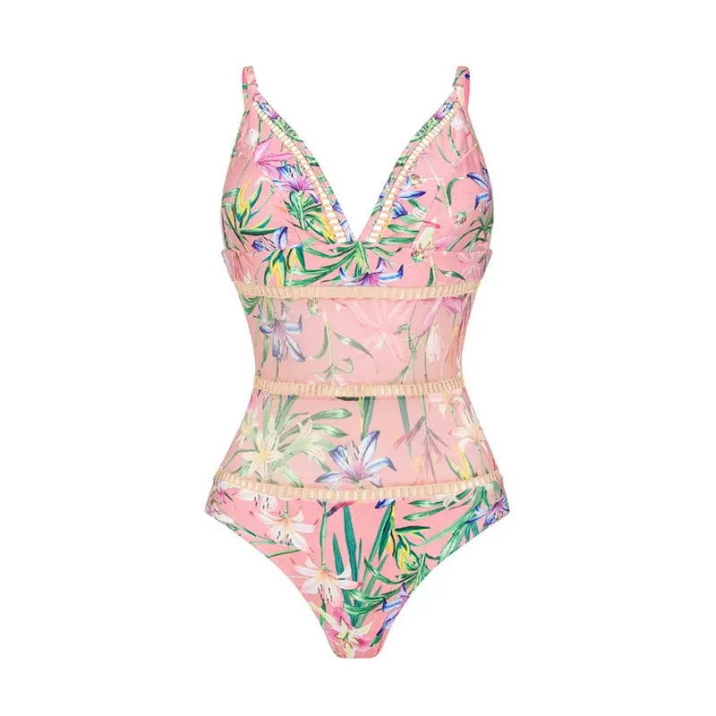 Women Swimwear Summer Floral Printed V-neck Swimsuit One-piece Bodysuit Bikini Set Beach Style Wear Maxi Dress Skirt Vacation - Matrix Studios