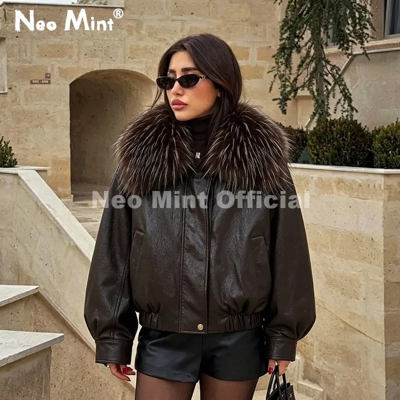 Neo Mint Exclusive Faux Raccoon Fur Collar Brown PU Leather Jacket Women 2026 Winter Warm Windproof Insulation Faux Leather Coat - Matrix Studios