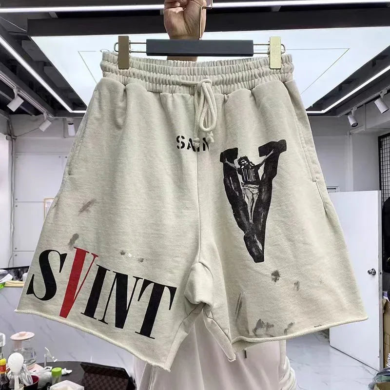 Apricot Khaki Saint Shorts Men Woman Hip Hop Heavy Fabric Vintage High Street Graffiti Good Quality Joggers