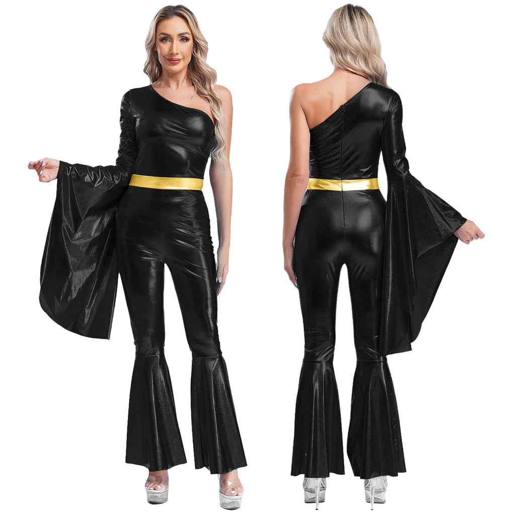 Womens 70S Disco Vintage Jumpsuit Metallic Shiny Flare Sleeve Bodysuit Hippie Bell Bottom Jazz Dance Carnival Rave Party Costume - Matrix Studios