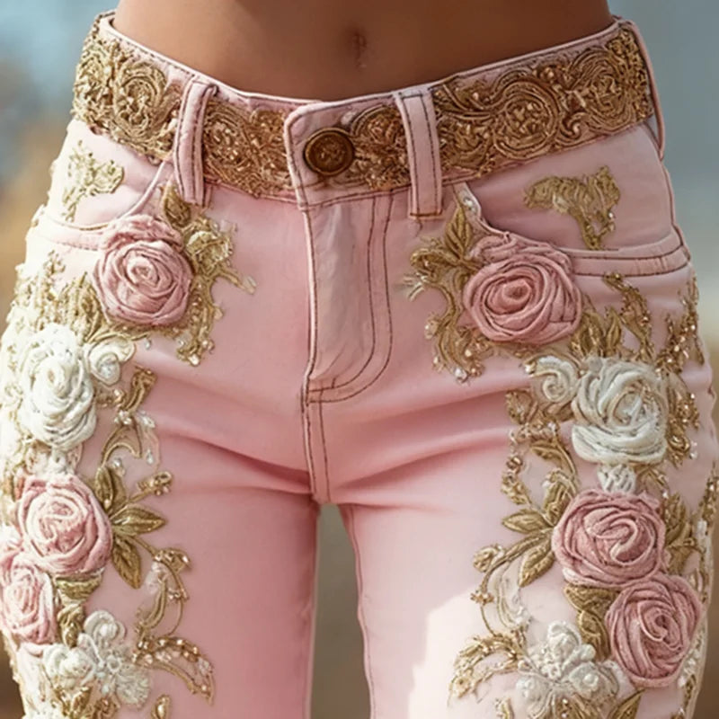 Romantic Pink Rose Flower Print Jeans Vintage Elegant Buttoned Women's Pants Autumn High Waist Slim Chic Trousers Harajuku Mujer - Matrix-studios.com