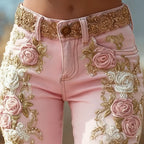 Romantic Pink Rose Flower Print Jeans Vintage Elegant Buttoned Women's Pants Autumn High Waist Slim Chic Trousers Harajuku Mujer - Matrix-studios.com