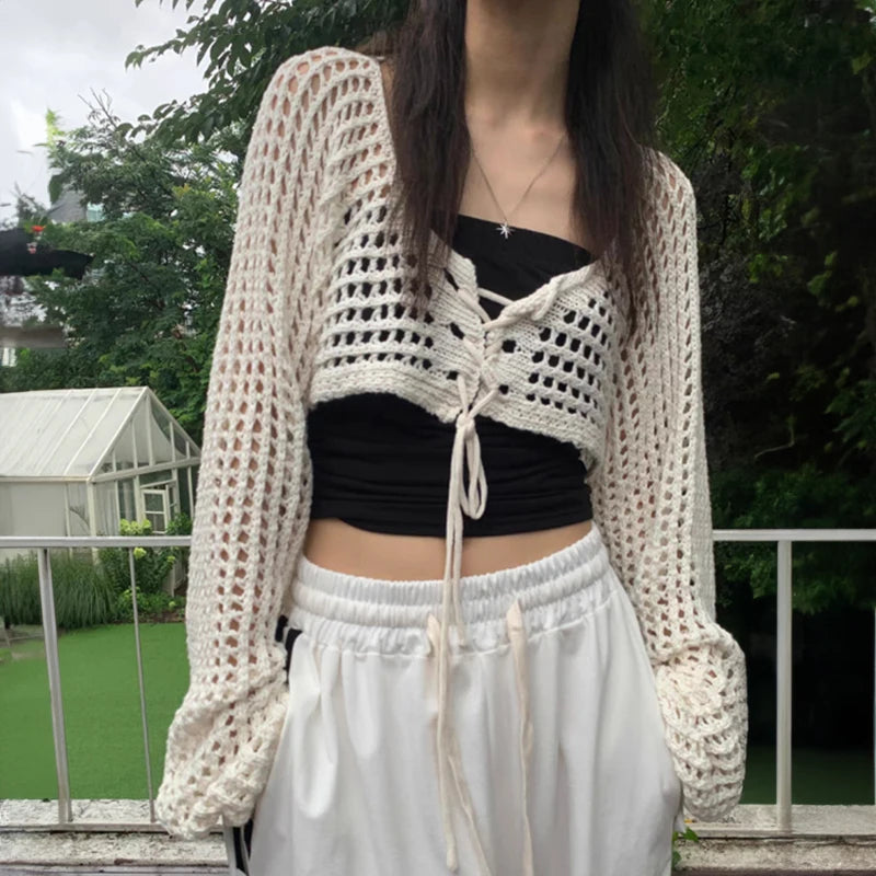 Crochet Crop Tie Front Cardigan Women Long Sleeve Sheer OpenKnit Bolero Shrug Top Summer Beach Bikini Cover Up Y2K Outfit - Matrix Studios