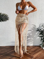 Crochet Tassel Bikini Cover Up Dress Beach Wear Women Tie Up Bather Bathing Suit Tassel Long Skirt Swimsuit Cover Up Beach Dress - Matrix Studios
