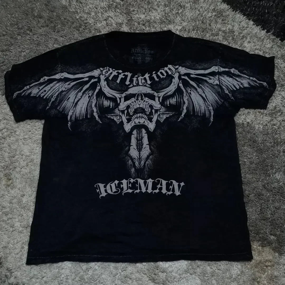 Y2K Affliction T Shirt Vintage Clothing Punk Hip Hop Graphic Print Oversized T shirt Women Round Neck Cotton Short Sleeve Tops