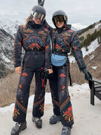Flower Printed Women's Ski Jumpsuits Zippers Stand Collar Waist-closed Pocket Lady Rompers 2026 Autumn Winter Female Ski Wear - Matrix Studios