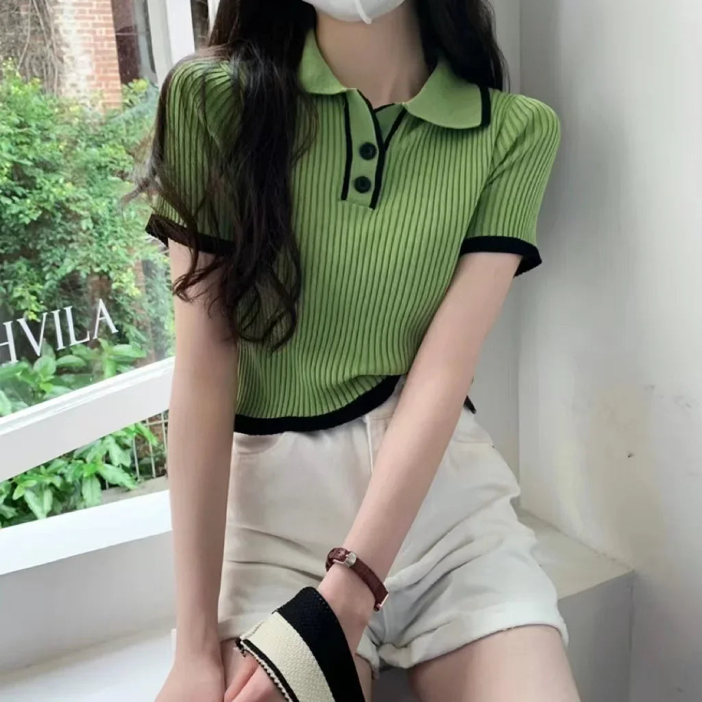Contrast Color Polo Collar Shoulder Knitted Short Sleeves T-shirt Women's Summer Slim-Fitting Design Sense Niche Short Tops - Matrix-studios.com