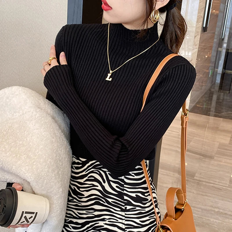 Winter Long Sleeve Mock Neck Knitted Women Sweater Pullover Slim Knit Sweater Women Tops Blusas Mujer De Moda 2024 Blusa J995 - Matrix Studios