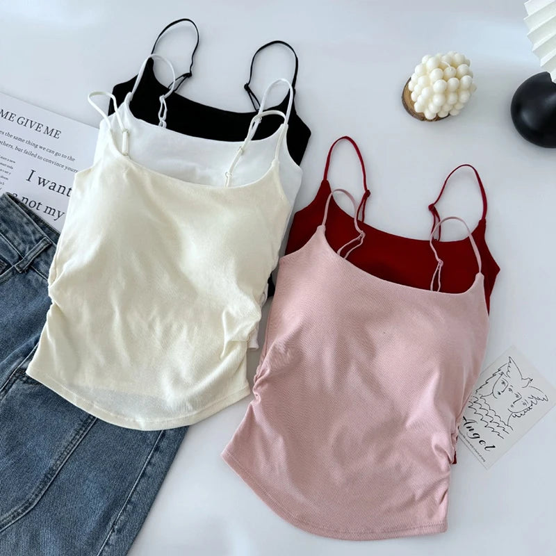 Summer Dopamine Color Sexy Camisole For Women With Pleated Waist And All-in-one Beautiful Back With Breast Pads For Women - Matrix-studios.com