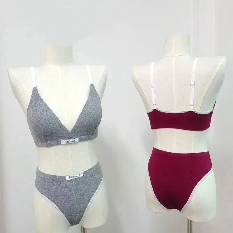 Women Cotton Bra Set Sexy Briefs Low Waist Panties Wire Free Bralette Sport Lingerie Vneck Brassiere Female Underwear Set - Matrix-studios.com