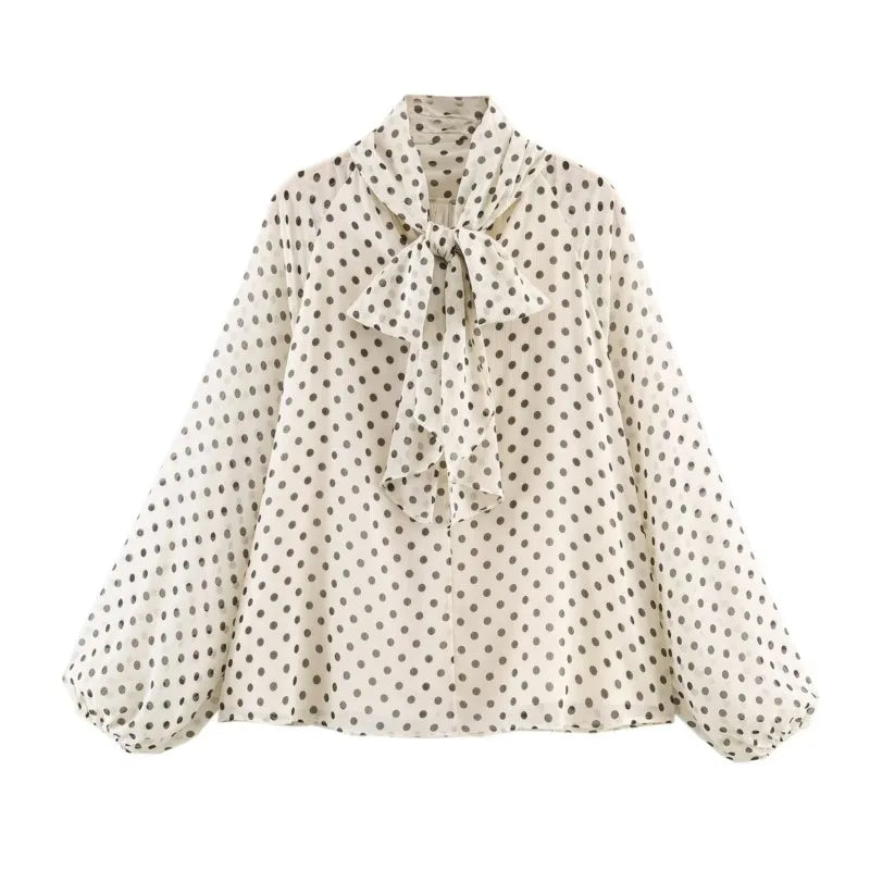 Women Polka Dot Print Blouse Casual High Collar Long Sleeve Lady Top Simple Women's Blouse Female Shirts & Blouses - Matrix-studios.com