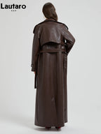 Lautaro Spring Autumn Extra Long Brown Pu Leather Trench Coat for Women Sashes Luxury Chic Overcoat Runway European Fashion 2024 - Matrix Studios