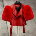 Leather Fur Jacket Natural Fur Sleeve Ladies Short Leather Jacket Real Fox Fur Sleeve Coat Women Autumn 21001-1 - Matrix Studios