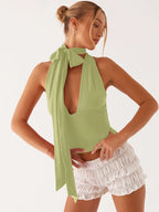 Dulzura V-Neck Sleeveless Halter Backless Bodycon Corp Top Solid Sexy Elegant Y2K Top Party Clubwear Street Summer Vest - Matrix-studios.com