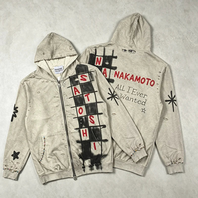 2026 New SATOSHI NAKAMOTO Men Women Zip Hoodie Distressed Ripped Checkered Graffiti Star Rhinestone Street Jacket - Matrix-studios.com