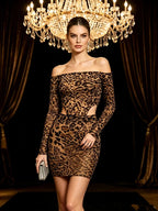 Women Leopard Print Off Shoulder Long Sleeve Cutout Top Bodycon Mini Skirt 2 Piece Set Night Club Party Matching Outfits