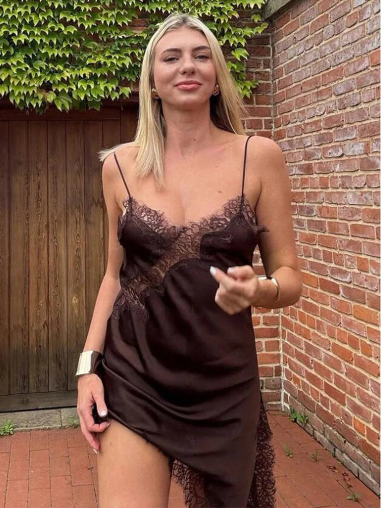 Satin Sexy Lace Spliced Short Sling Dress Women Sleeveless Backless Asymmetric Sexy Party Dresses 2026 Summer Lady Dress ﻿ - Matrix-studios.com