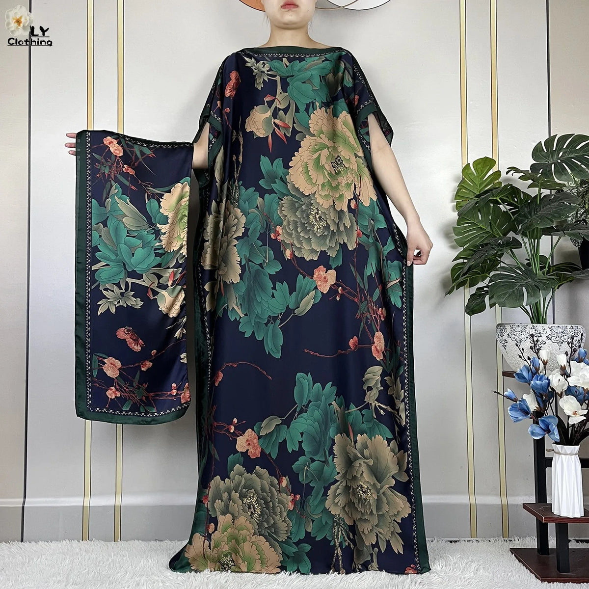 Muslim Abayas For Women 2023 New Fashion Printed Silk Soft Loose Femme Elegant Robe African Maxi Party Dresses With Belt Turban - Matrix-studios.com