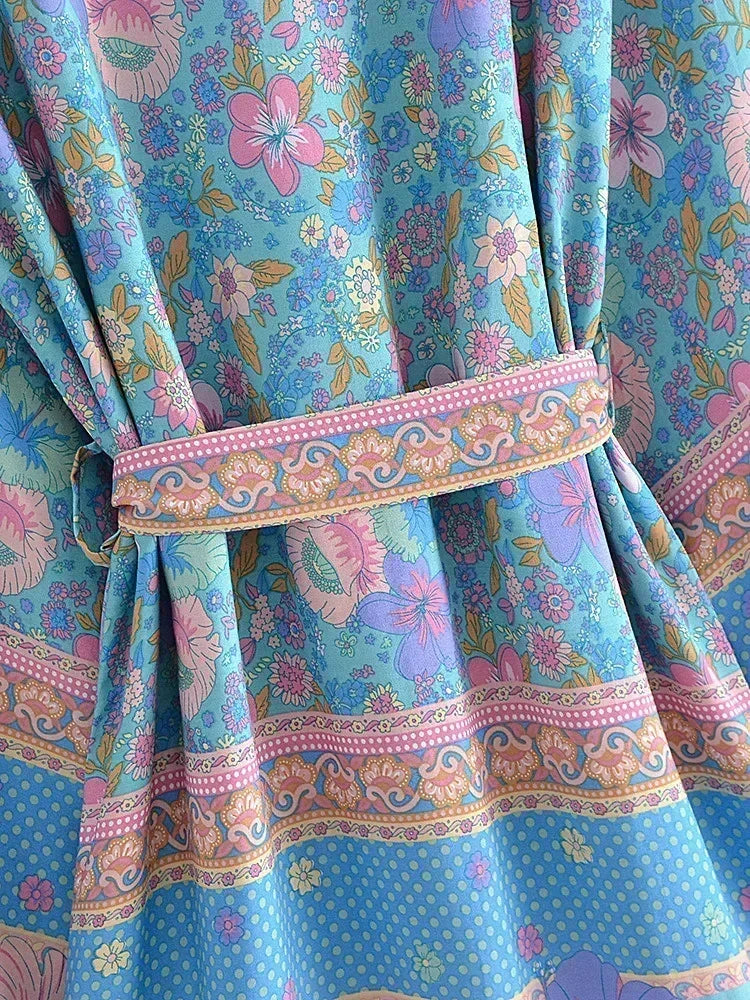 Boho Queens Floral Print Sashes Bohemian Kimono Women  V Neck Batwing Sleeves Short Robe Vacation Beach Bikini Cover-ups - Matrix Studios