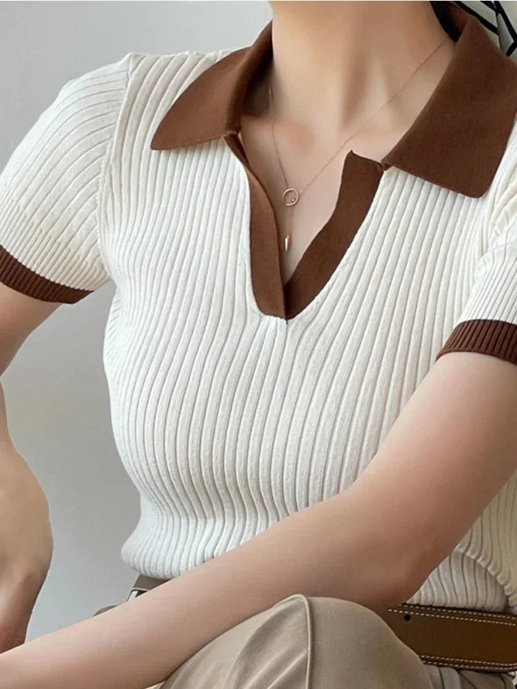 Women's T-shirt Polo Collar Short Sleeve Fashion Blouses 2026 Female Slim Knitted Tee White Skinny Casual Women Summer Tank Top - Matrix-studios.com
