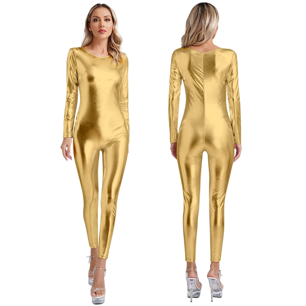 Womens Metallic Shiny Bodysuit Clubwear Long Sleeve Slim Fit Full Body Jumpsuit Nightclub Rave Party Musci Festival Costumes - Matrix Studios