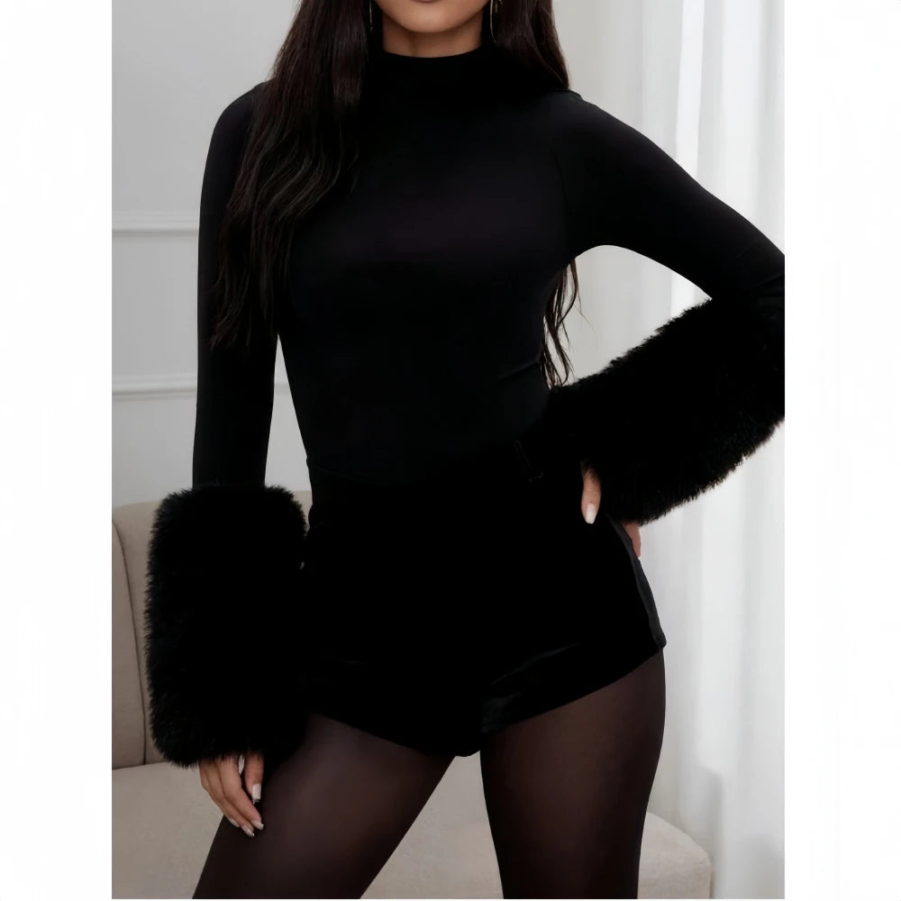 FAGADOER Winter New Sexy Fur Patchwork 2 Pieces Set for Woman Outfits Long Sleeves Bodycon Playsuits + Shorts Female Streetwear - Matrix-studios.com