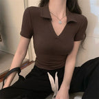 Polo Golf Shirt V-Neck Short Sleeve T-Shirt Women's Summer Harajuku Design Y2K Slim-Fit Base Layer Cropped Top Straight Shoulder - Matrix-studios.com