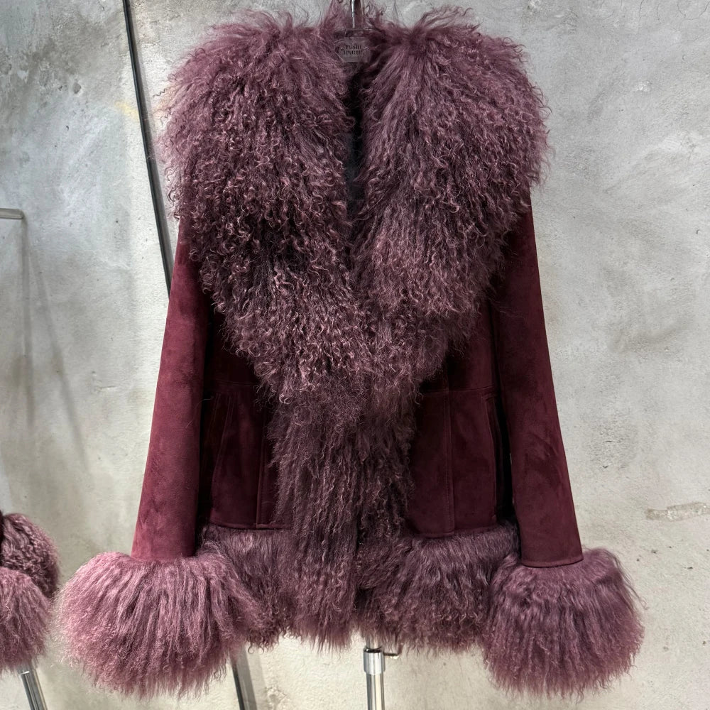 Sheep Fur Leather Coats Women Winter Luxury Mongolian Fur Leather Jackets with Long Sleeve with Natural Mongolian Fur 7251 - Matrix Studios