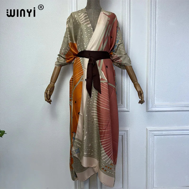 NEW WINYI Summer 2024 Print Middle East Kimono Beach Cover Up Dress Elegant African Women Boho Cardigan Holiday Maxi Abaya - Matrix Studios