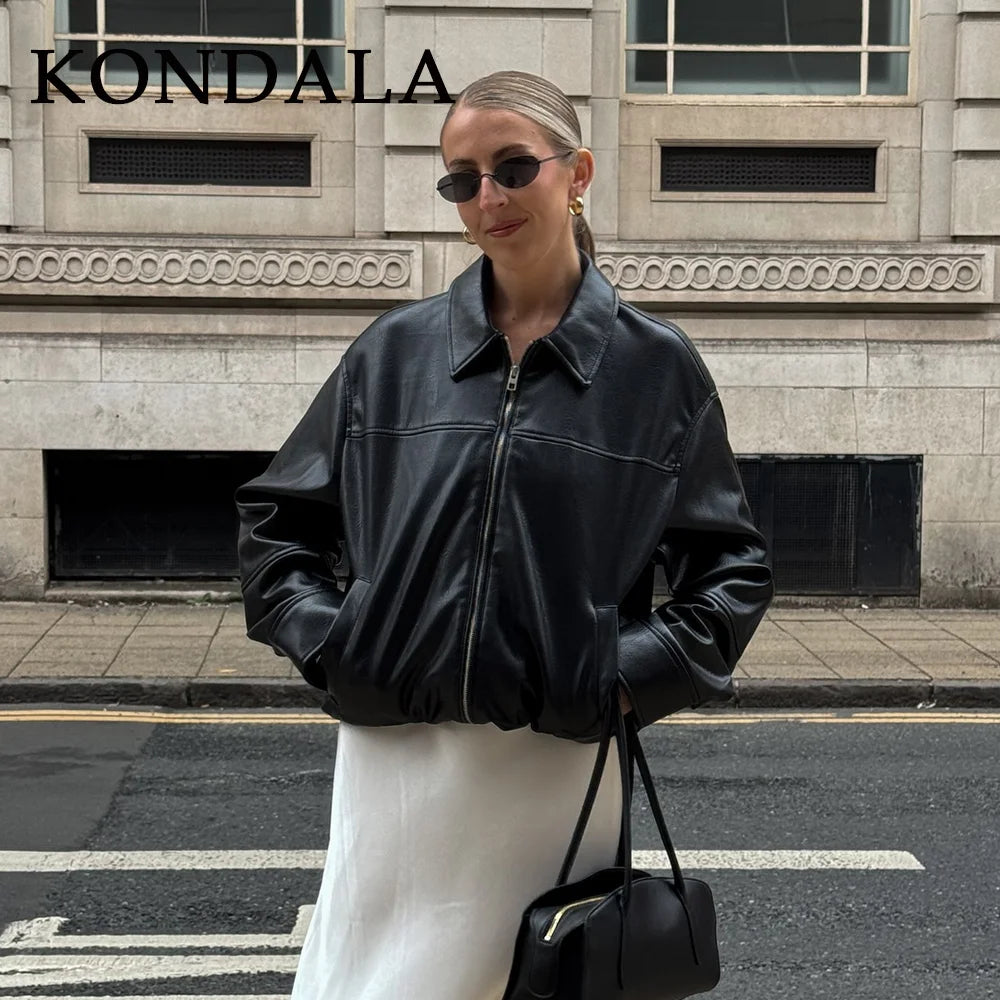 KONDALA 2026 Spring Summer Brown Business Casual Faux Leather Women Jackets Chic Valentine‘s Day Spliced Zipper Ladies Jackets - Matrix Studios