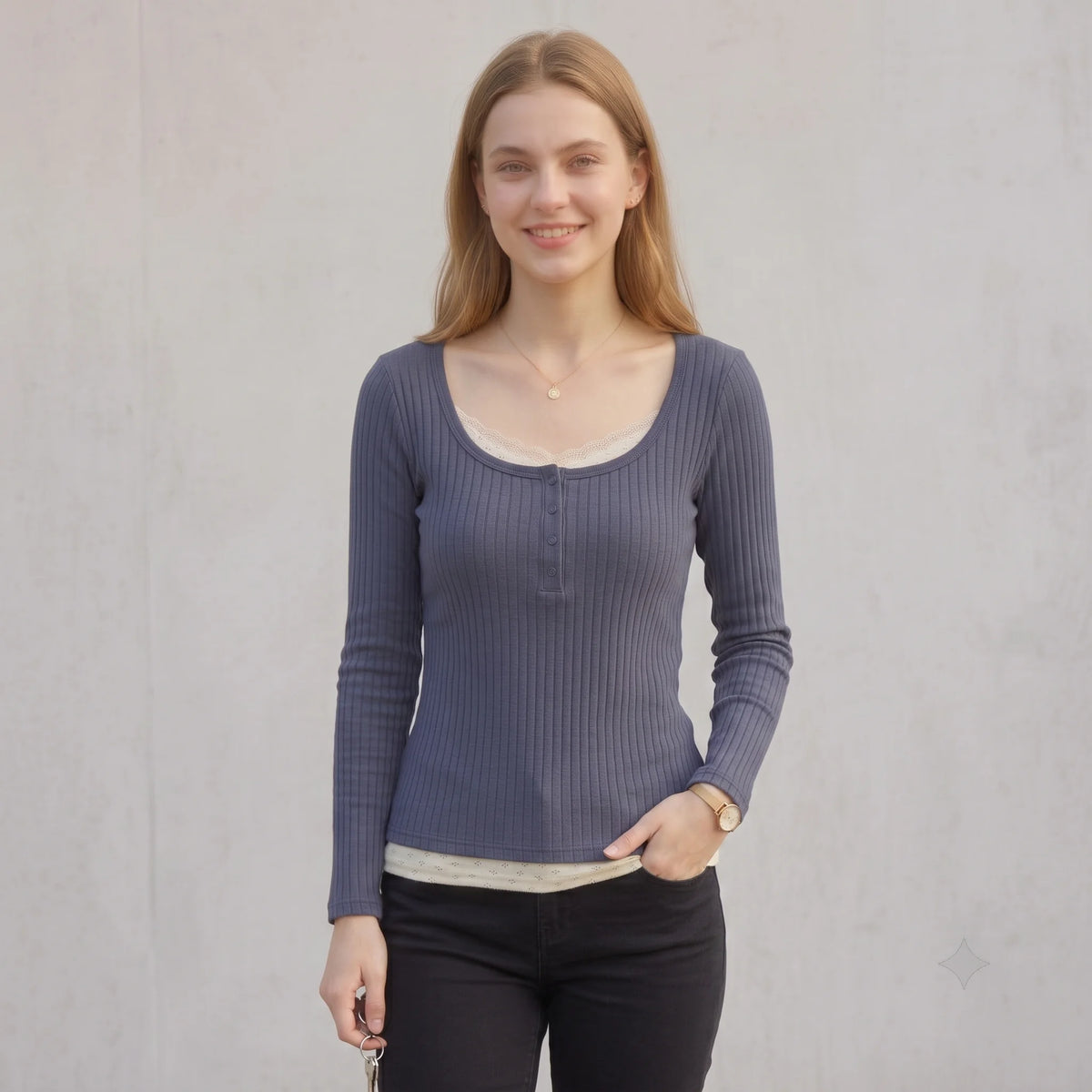 Women Vintage Faux Two-Piece Lace Patchwork T-Shirt Ribbed Knit Long Sleeve Top Square Neck Button Slim Y2K Casual Fall Tee - Matrix-studios.com