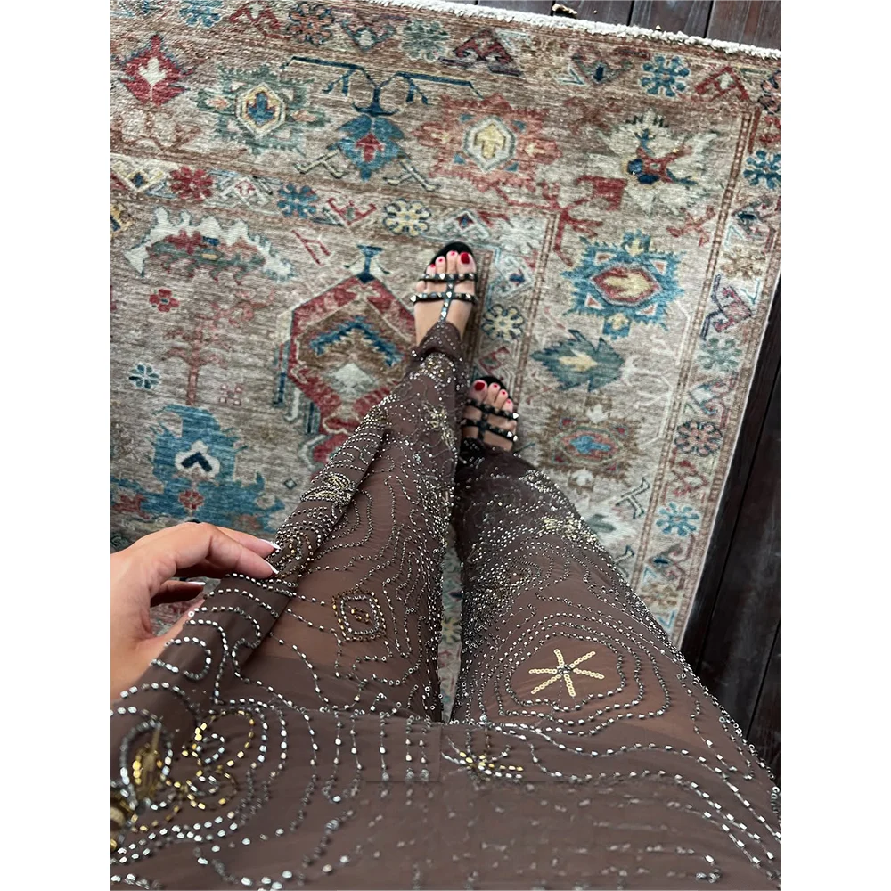 KONDALA Sexy Chic Women Transparent Pants Sequins Straight Wide Leg Pants Fashion 2025 Spring Summer Holiday Party Trousers