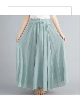 28-Color Mori Girl Literary Cotton Linen Dress Elastic Waist A-line Expansion Skirt Solid Color Ethnic Style Women Long Skirts - Matrix-studios.com