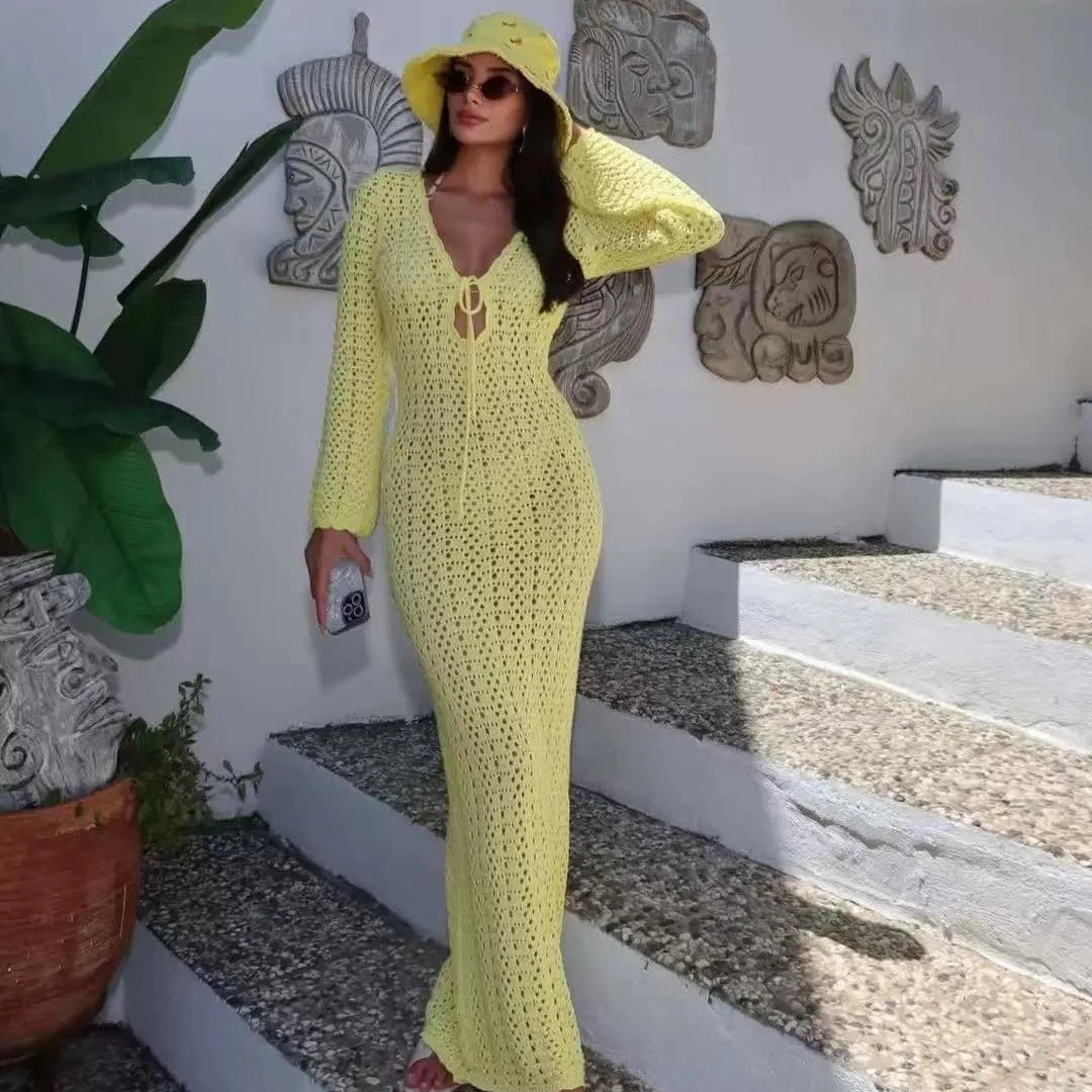 Sexy Bikini Cover Up Lace Hollow Crochet Swimsuit Beach Dress Women 2025 Summer Cover-Ups Coffee Bathing Suit Beach Wear Tunic - Matrix Studios